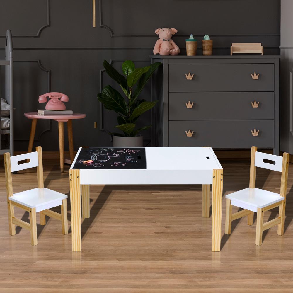 Keezi Kids Table and Chair Set featuring a reversible chalkboard top, eco-friendly materials, and four hidden storage compartments for children's toys.